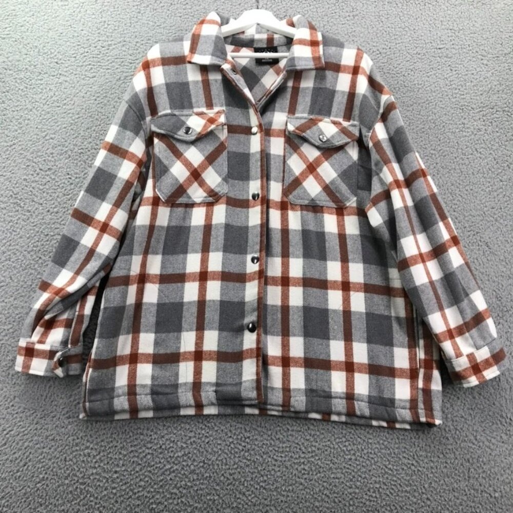 HFX Womens LARGE Relaxed Fit Plaid Snap Long‎ Sleeve Shacket Flannel Jacket